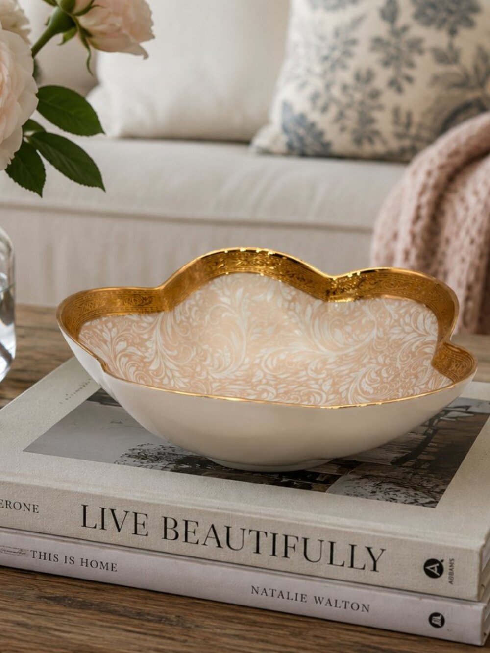 VTG L’Étoile Limoges Porcelain Bowl with 22K Gold Trim –Scalloped Floral -FRENCH